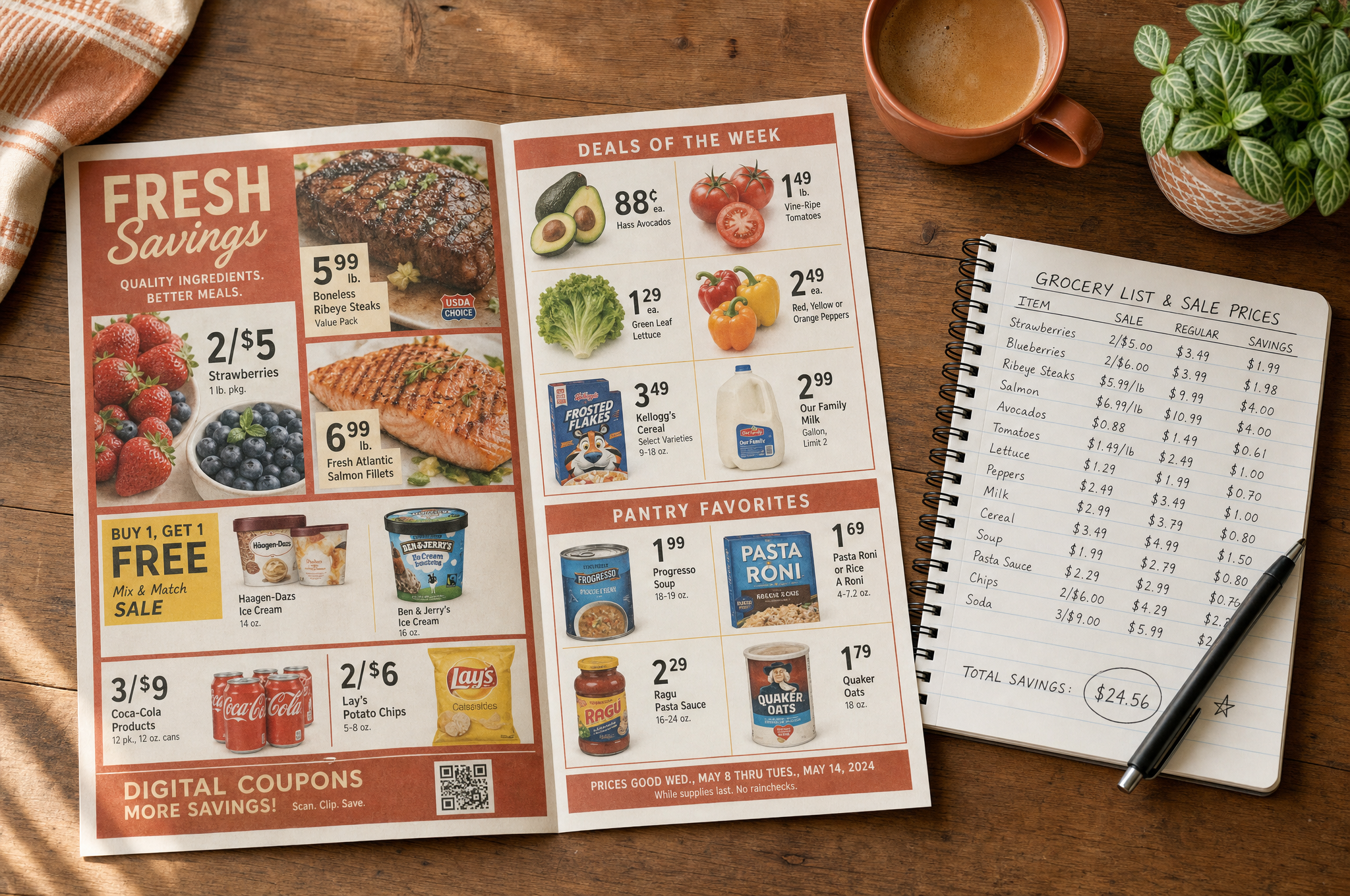 Grocery store sale ad with price tracking notebook