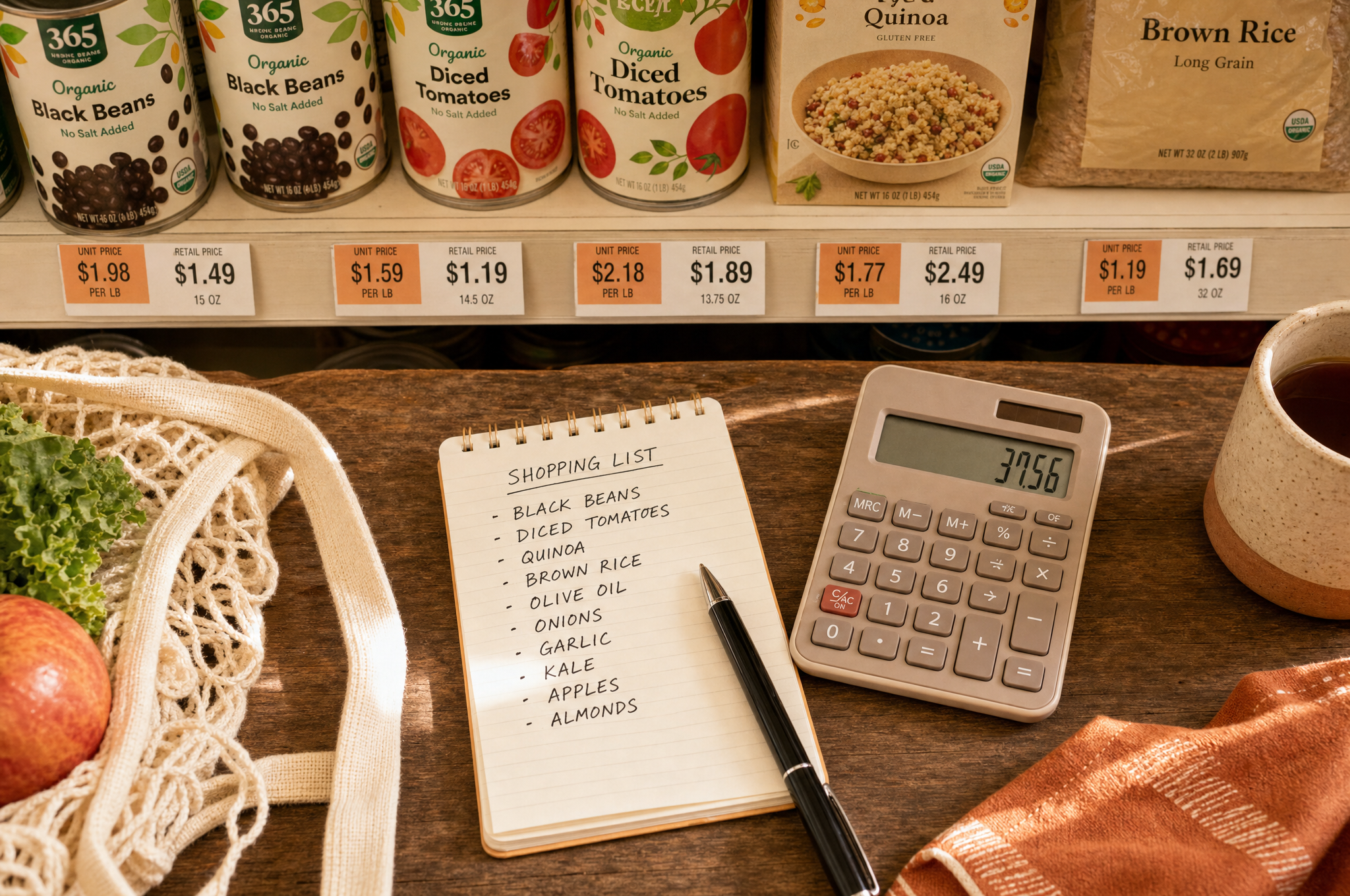 Grocery store shelf with unit price labels