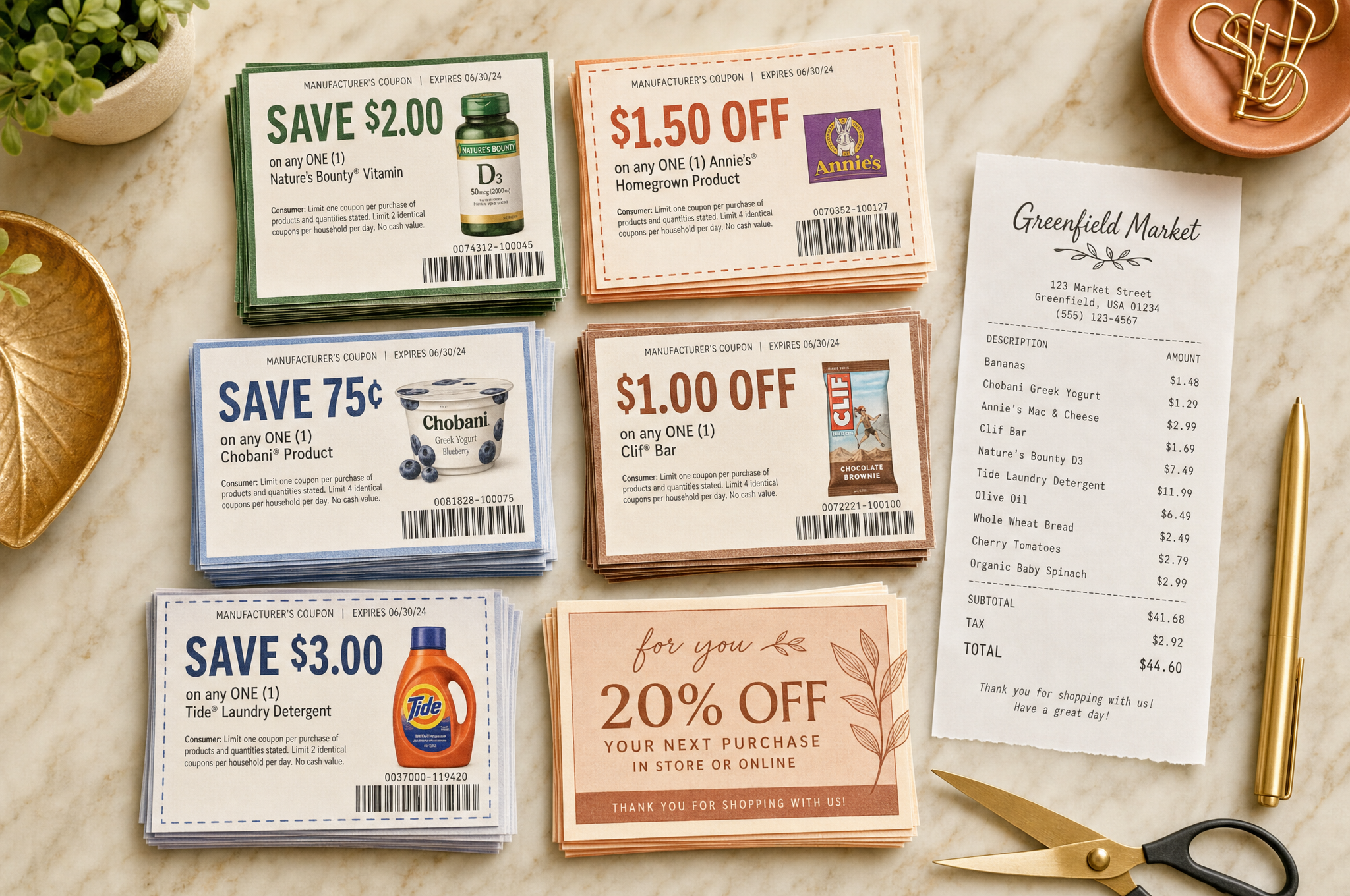 Stack of coupons with scissors and grocery receipt