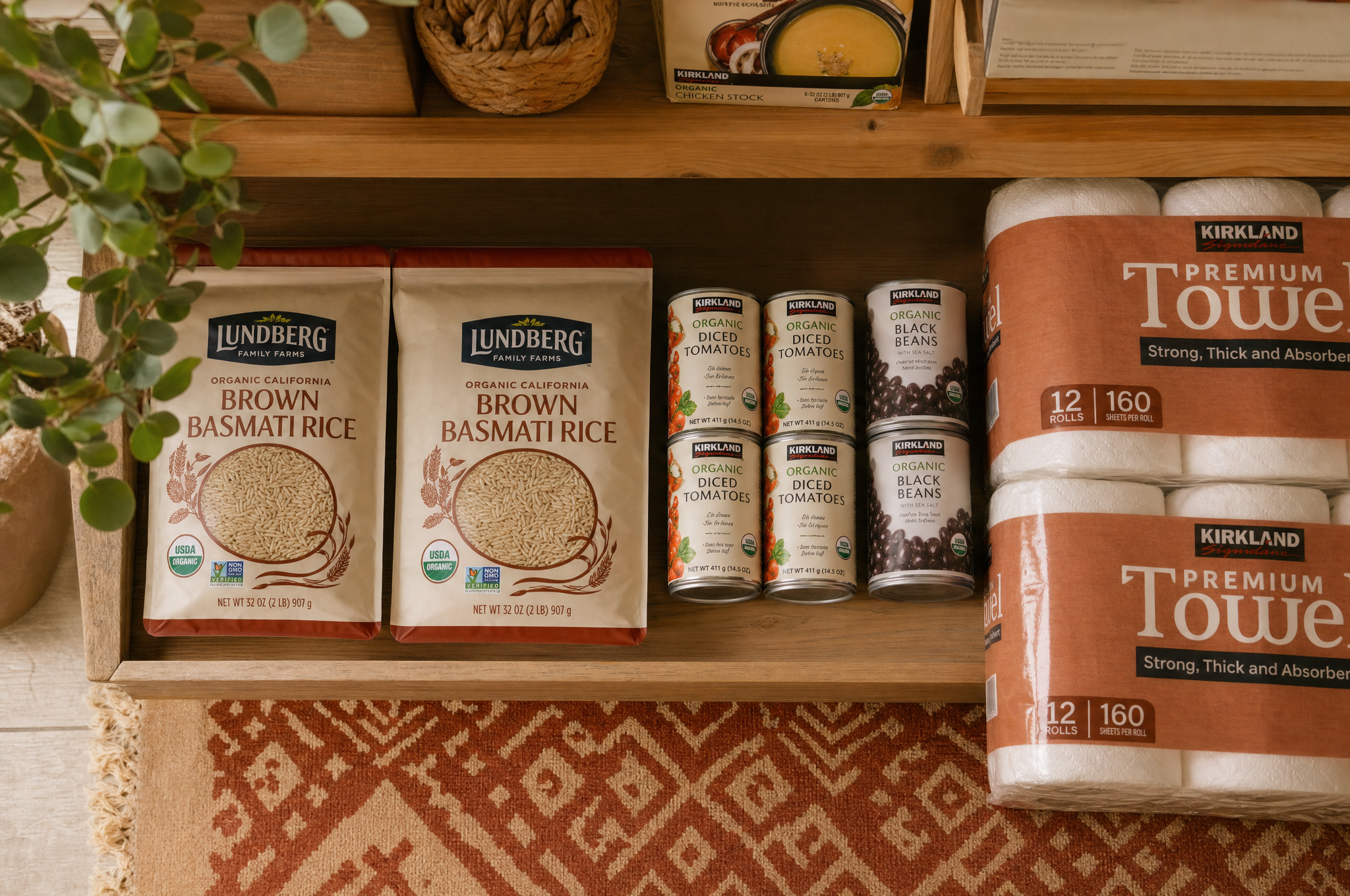 Bulk warehouse items on pantry shelves