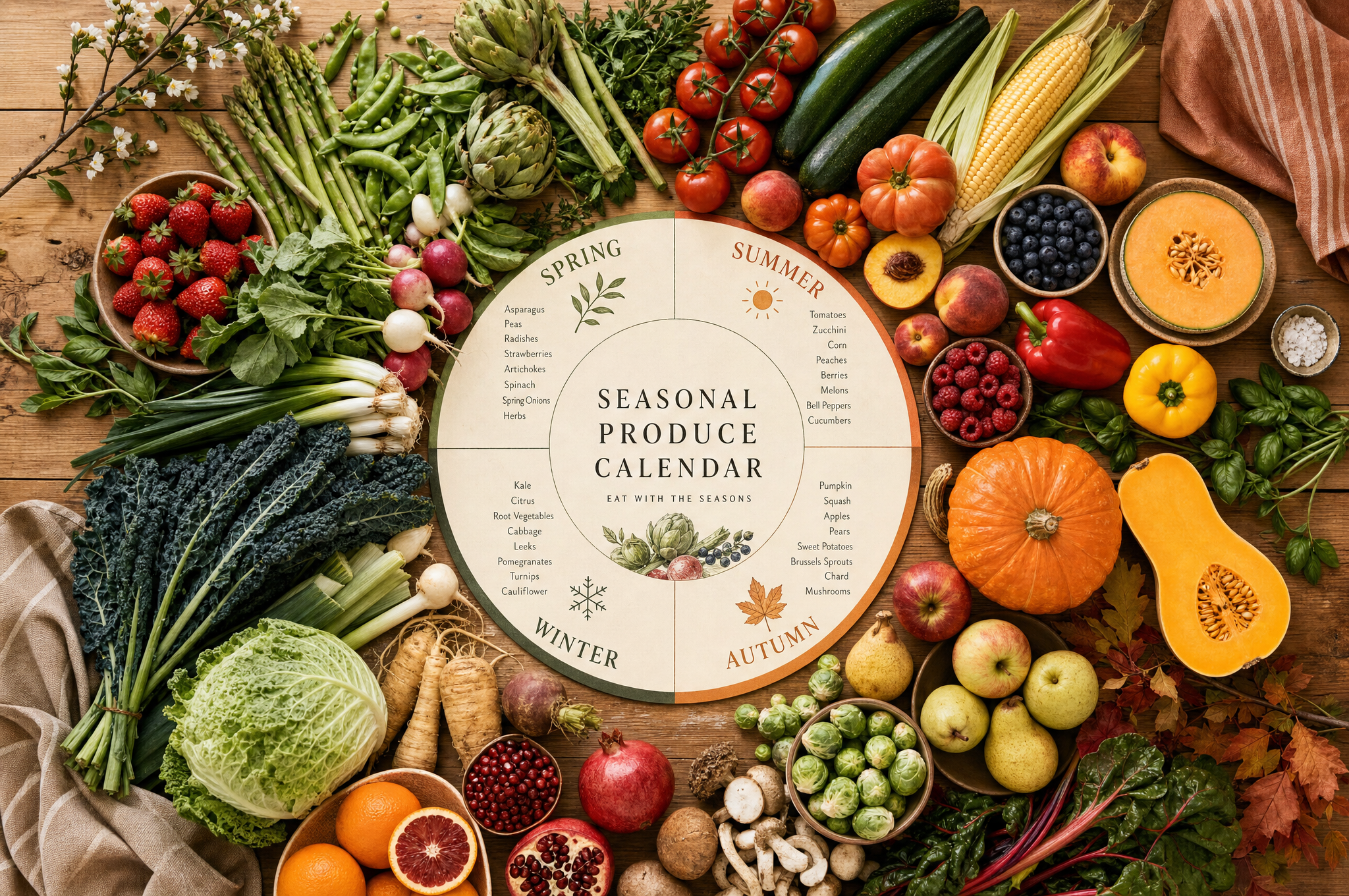 Seasonal produce arranged in a circle on a wooden table