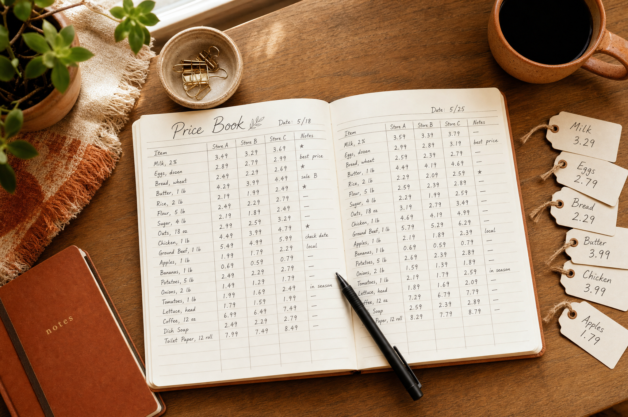 Handwritten price book notebook with price tags