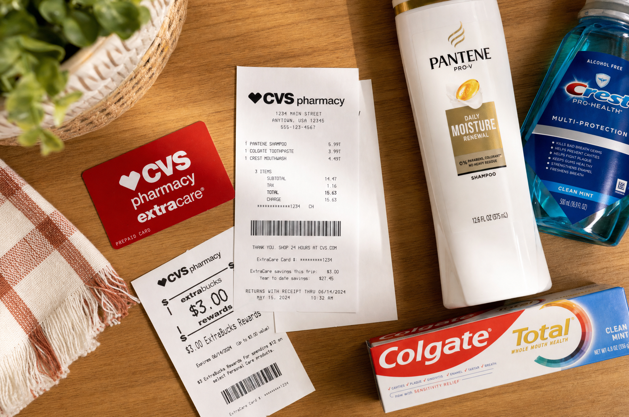 CVS reward card with pharmacy essentials