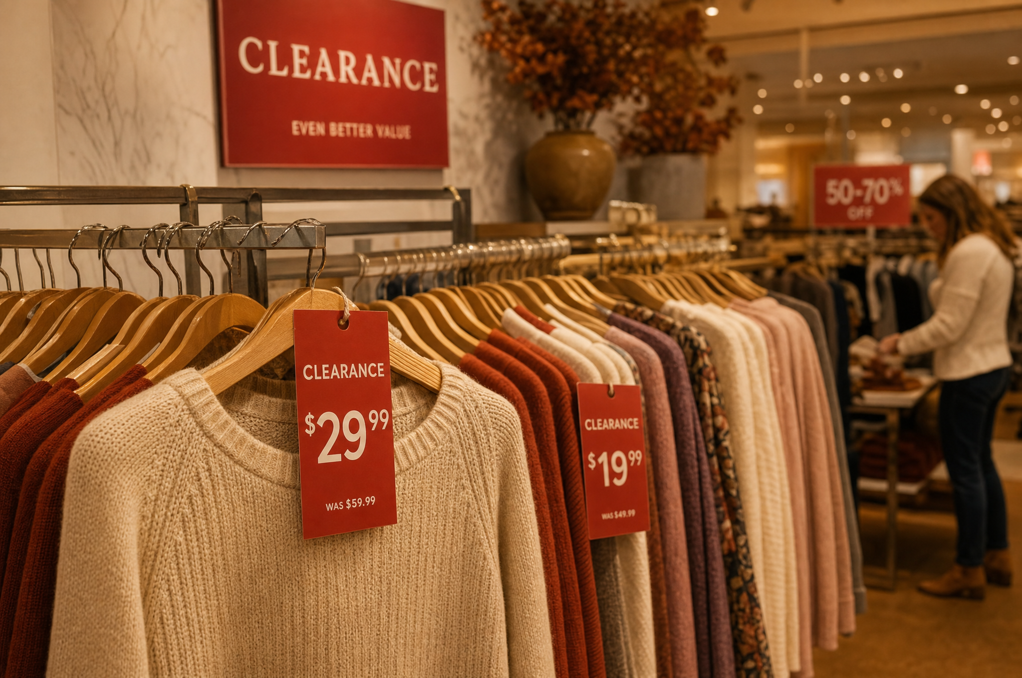 Department store clearance rack with red markdown tags