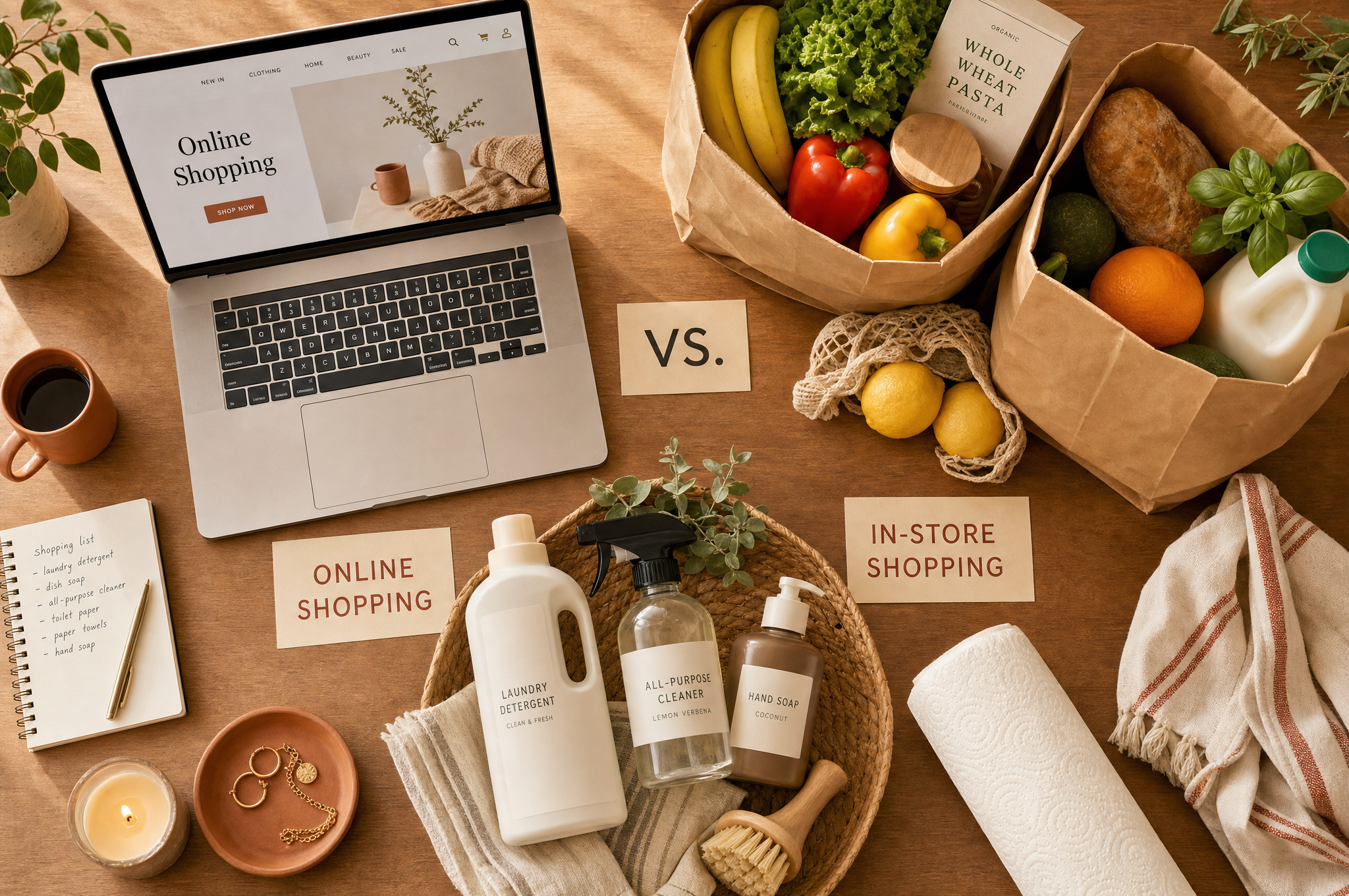 Laptop with online shopping and grocery bags comparison