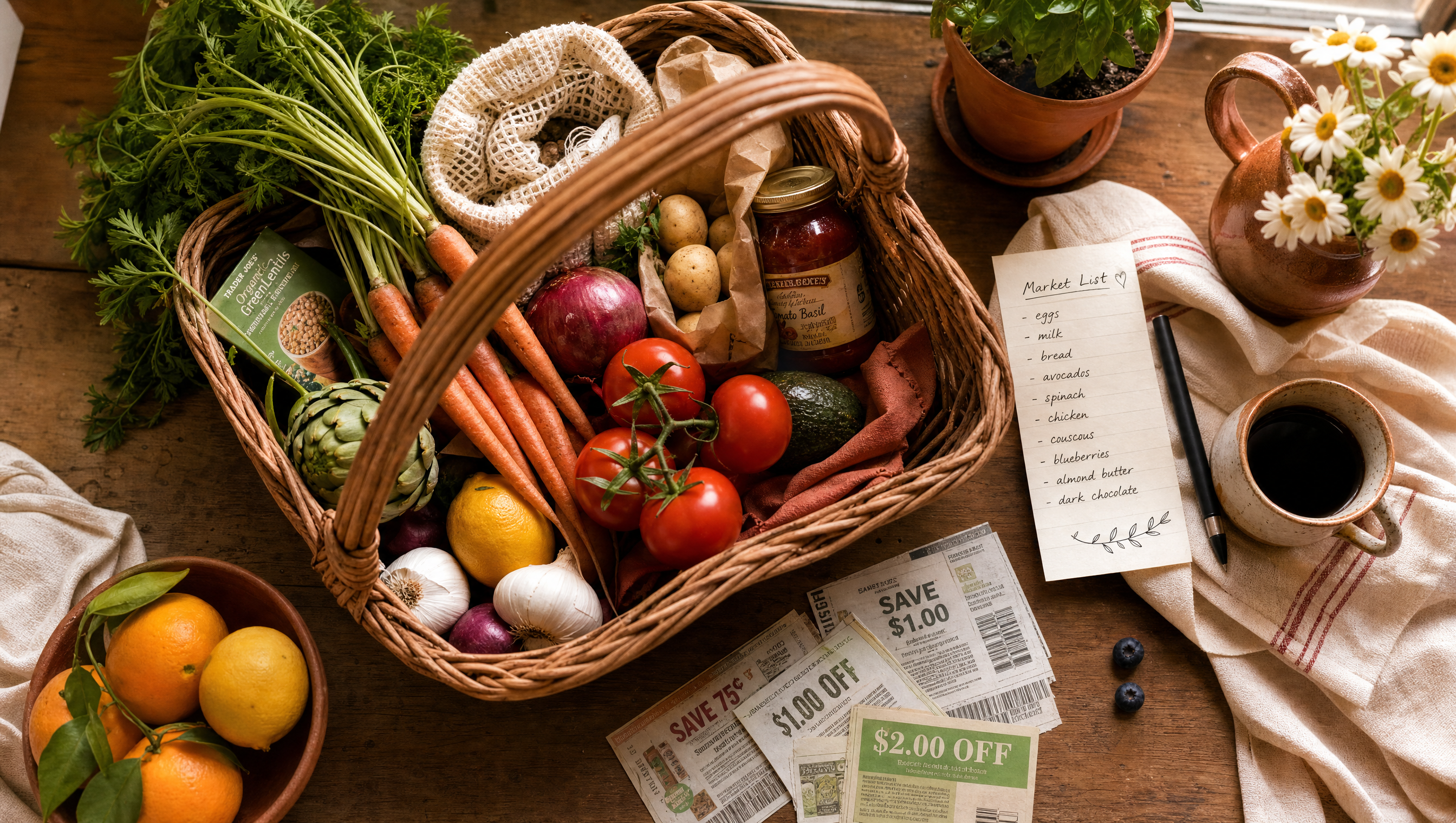 Cozy kitchen scene with a market basket full of fresh produce and coupons
